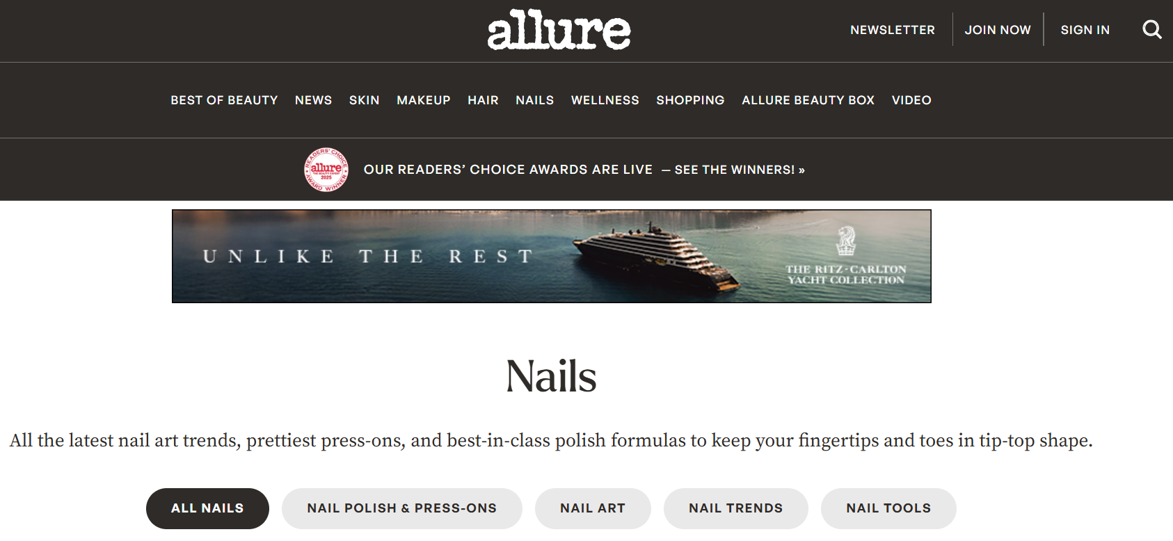 screenshot of Allure magazine's 'Nails' section featuring tabs for nail polish, press-ons, nail art, trends, and tools, with a Ritz-Carlton Yacht Collection ad above.
