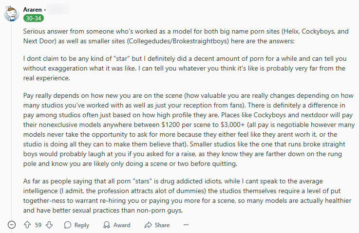 Reddit post in r/AskGayBrosOver30 about the payroll discussion of a gay porn star.
