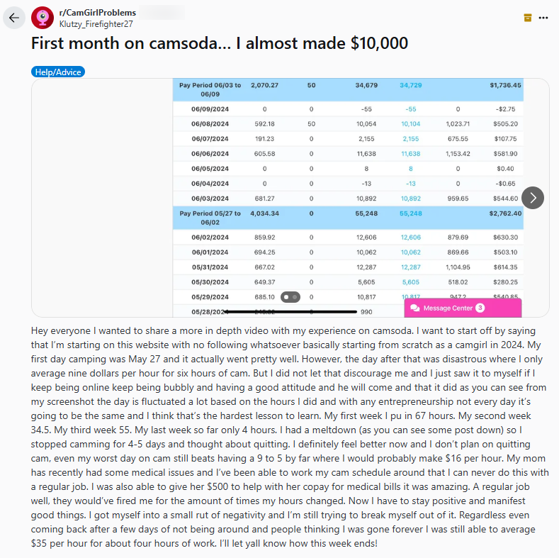 Subreddit camgirl problems showing CamSoda model earning details