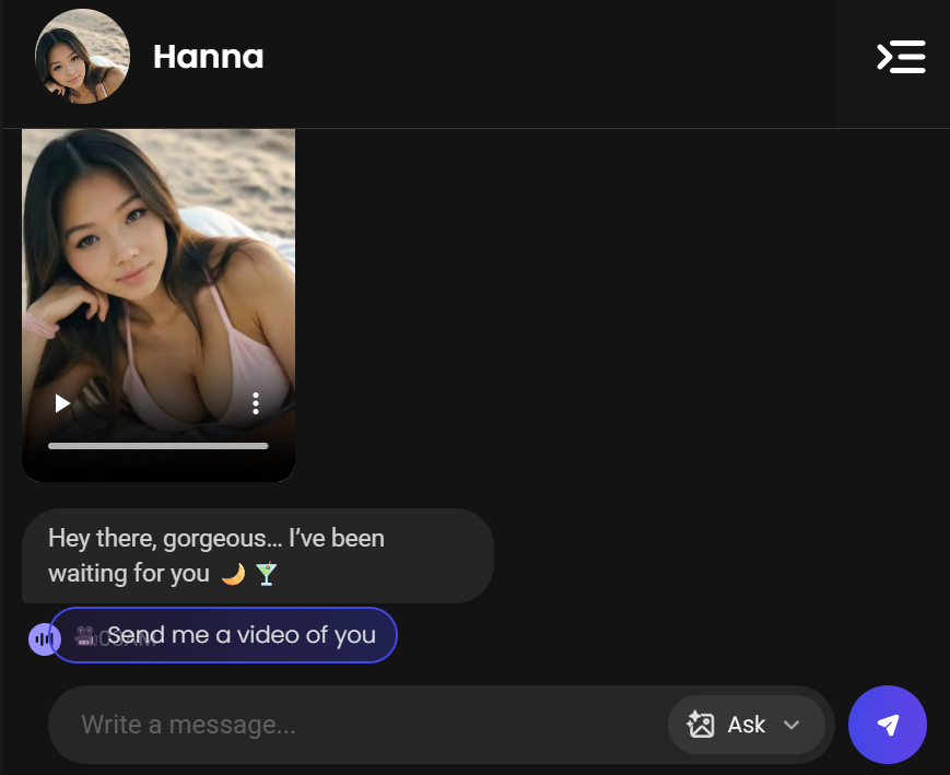 Opening lines of Hanna, the AI model from Dream Companion website