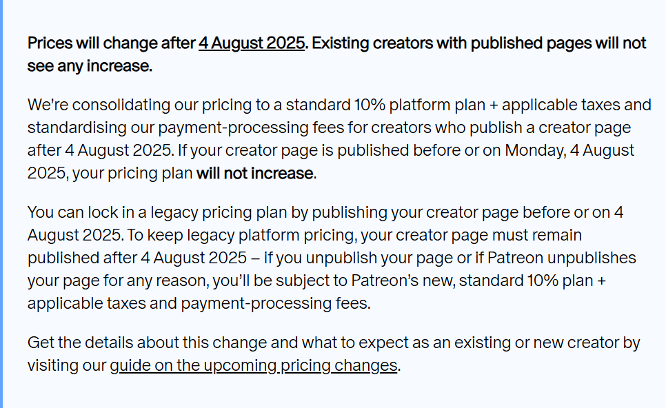 Patreon August policy shift introduces 10% platform fee