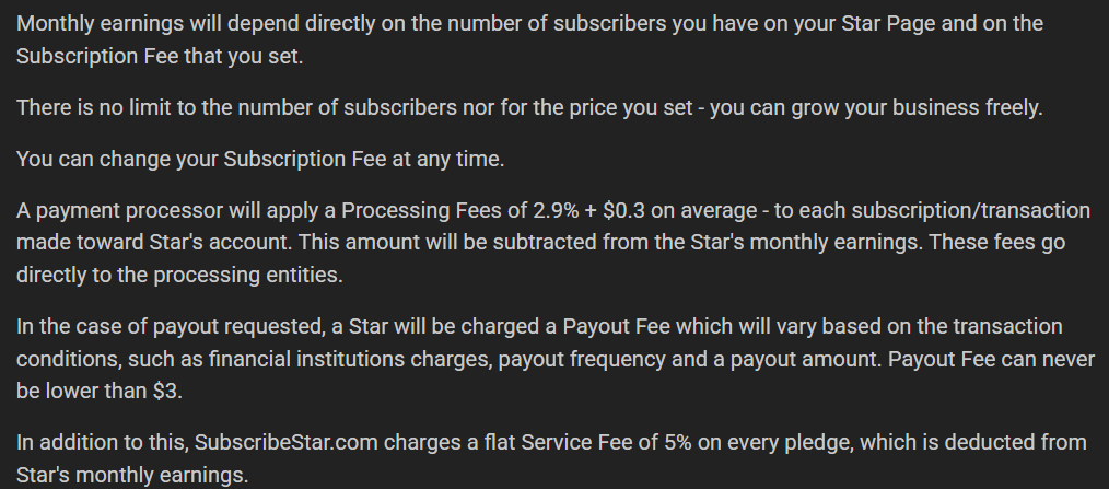 Screenshot of SubscribeStar Pricing and Fees