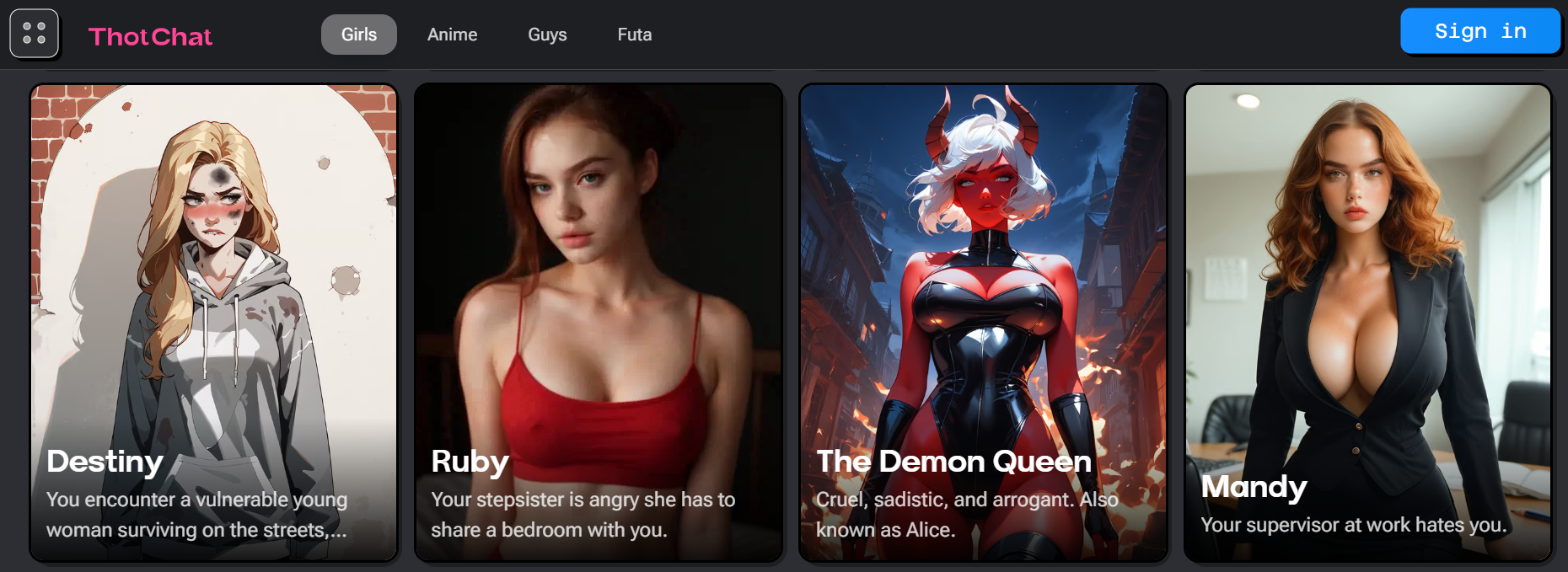 Screenshot of thotchat, the AI porn maker