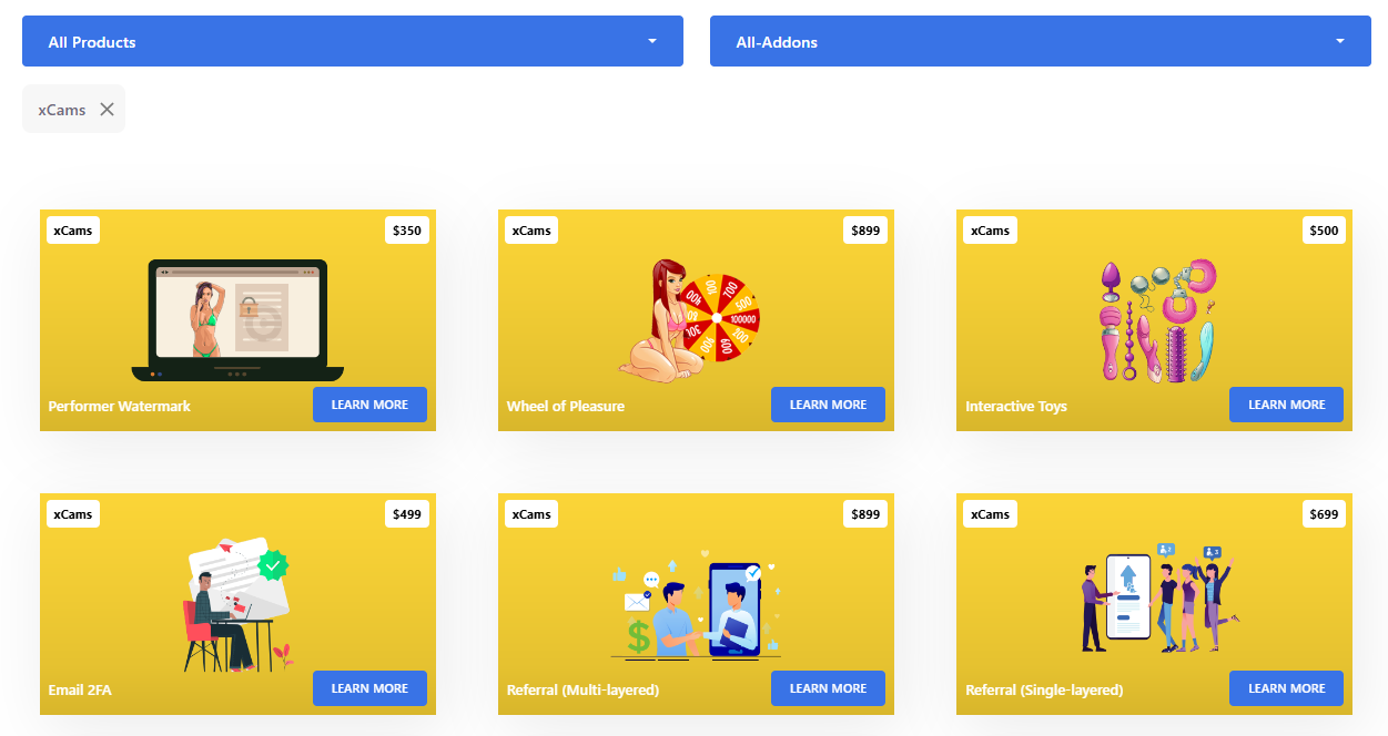 xCams addons: Performer Watermark, Wheel of Pleasure, Interactive Toys, Email 2FA, Multi-layered & Single-layered Referral.