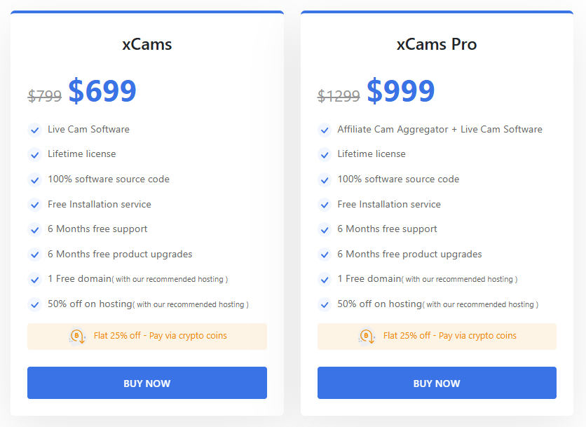 xCams pricing: $699 for Live Cam Software, $999 for xCams Pro with Affiliate Cam Aggregator, both with lifetime license & perks.