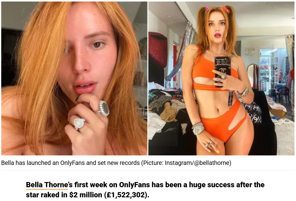 Bella Thorne earned $2 million from OnlyFans in her first week.