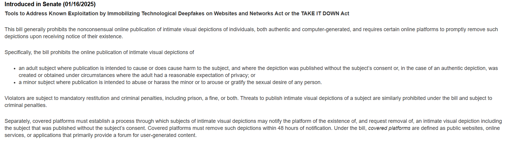 Summary of TAKE IT DOWN Act banning nonconsensual deepfake and intimate content with strict removal rules