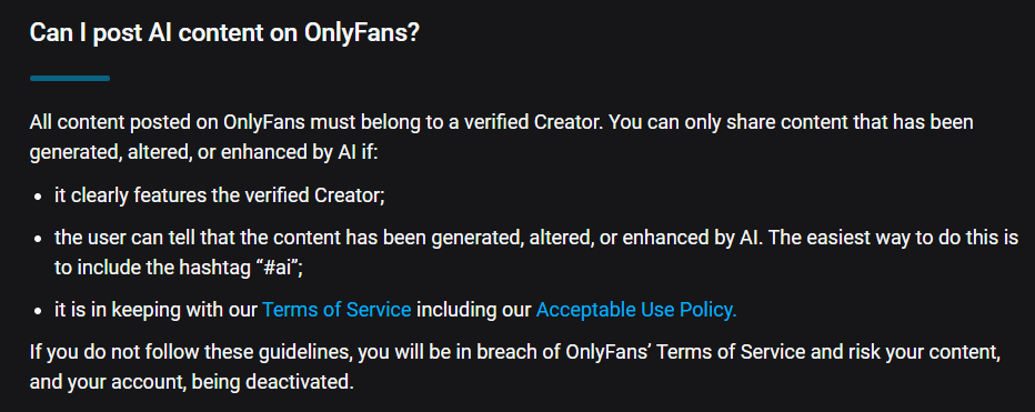 OnlyFans rules: AI content allowed if verified creator, labeled with #AI, and follows Terms of Service.