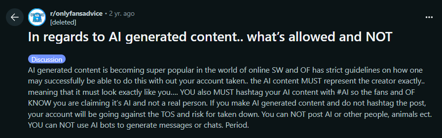 Reddit discussion about AI-generated content and reiterated usage of #AI to avoid complications
