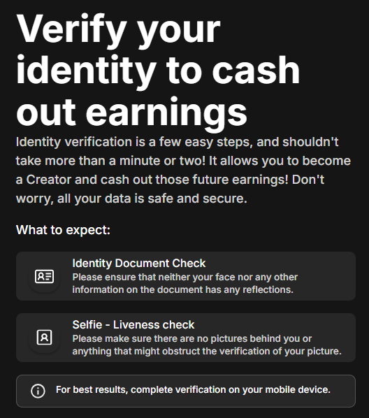 Fanvue identity verification process required for creators to withdraw or cash out their earnings securely