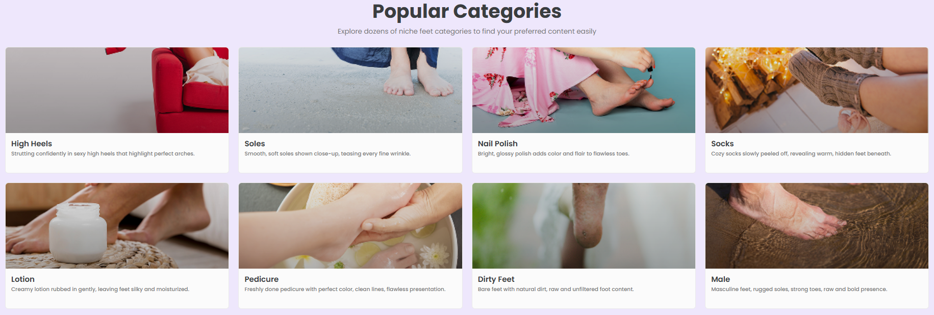 FeetFinder category page showing high heels, sales, nail polish, and other feet content types