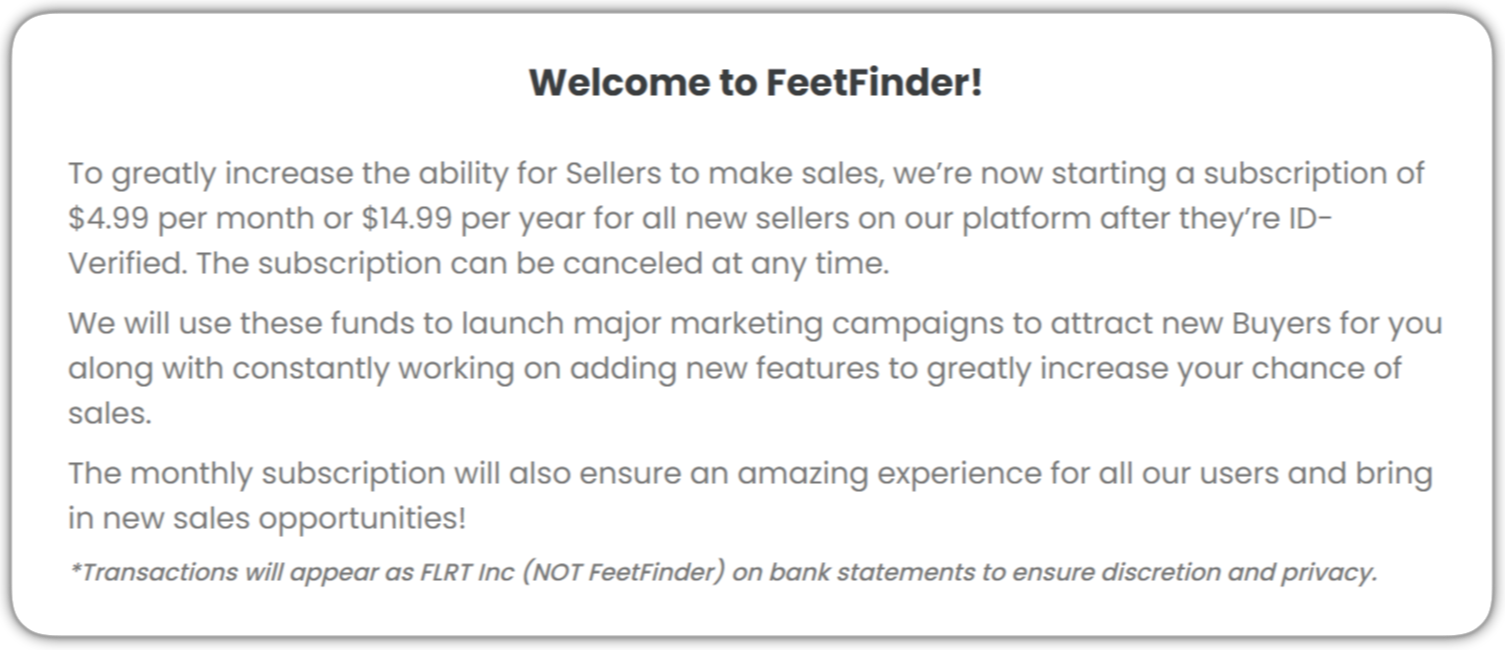 FeetFinder subscription model starting at $4.99 per month for sellers and buyers.