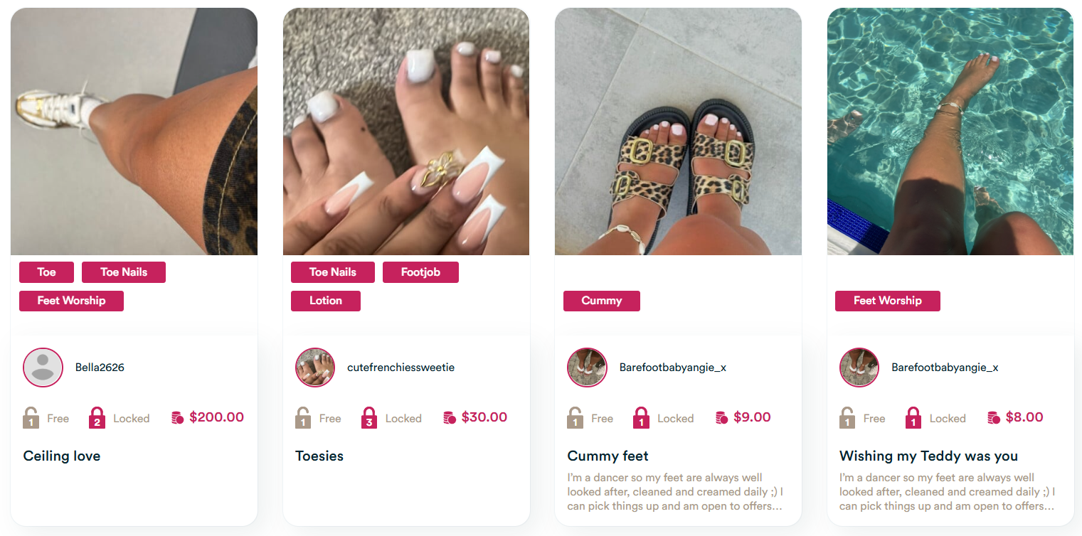 Funwithfeet content page showing models,and their categories
