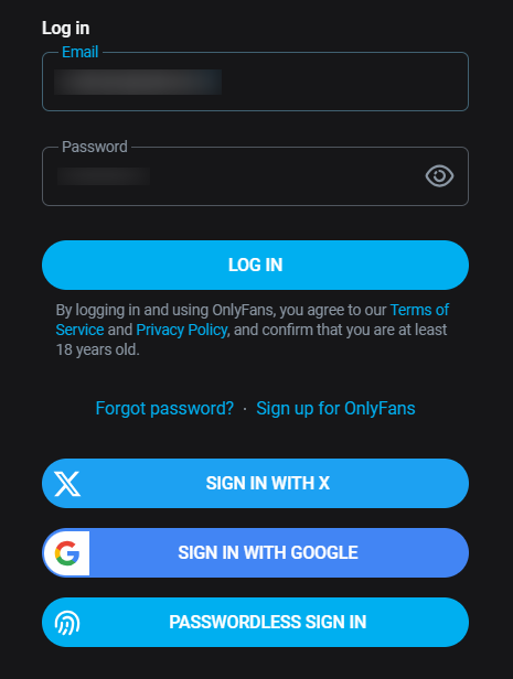 OnlyFans sign-up page showing account registration form