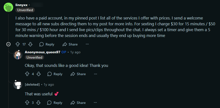 Reddit discussion about a creator charging $10 for 10 mins and $17 for 20 mins sexting sessions.