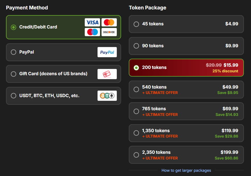 Various Stripchat token packages with prices for tipping models