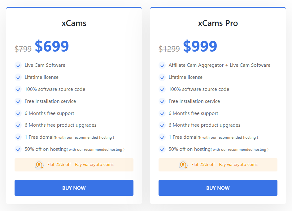 Pricing Packs of xCams by Adent.io to create your own webcam site