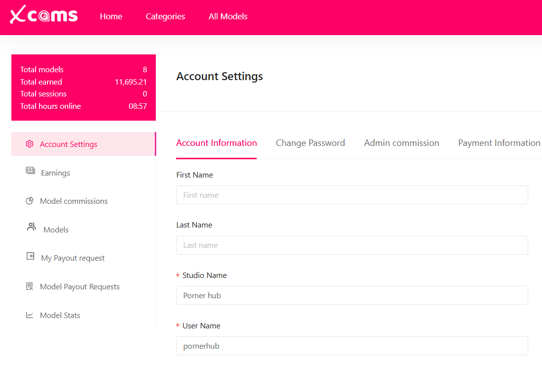 Studio Dashboard of xCams by Adent.io