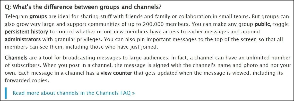 Telegram FAQ explaining the difference between groups and channels, including their features and uses.