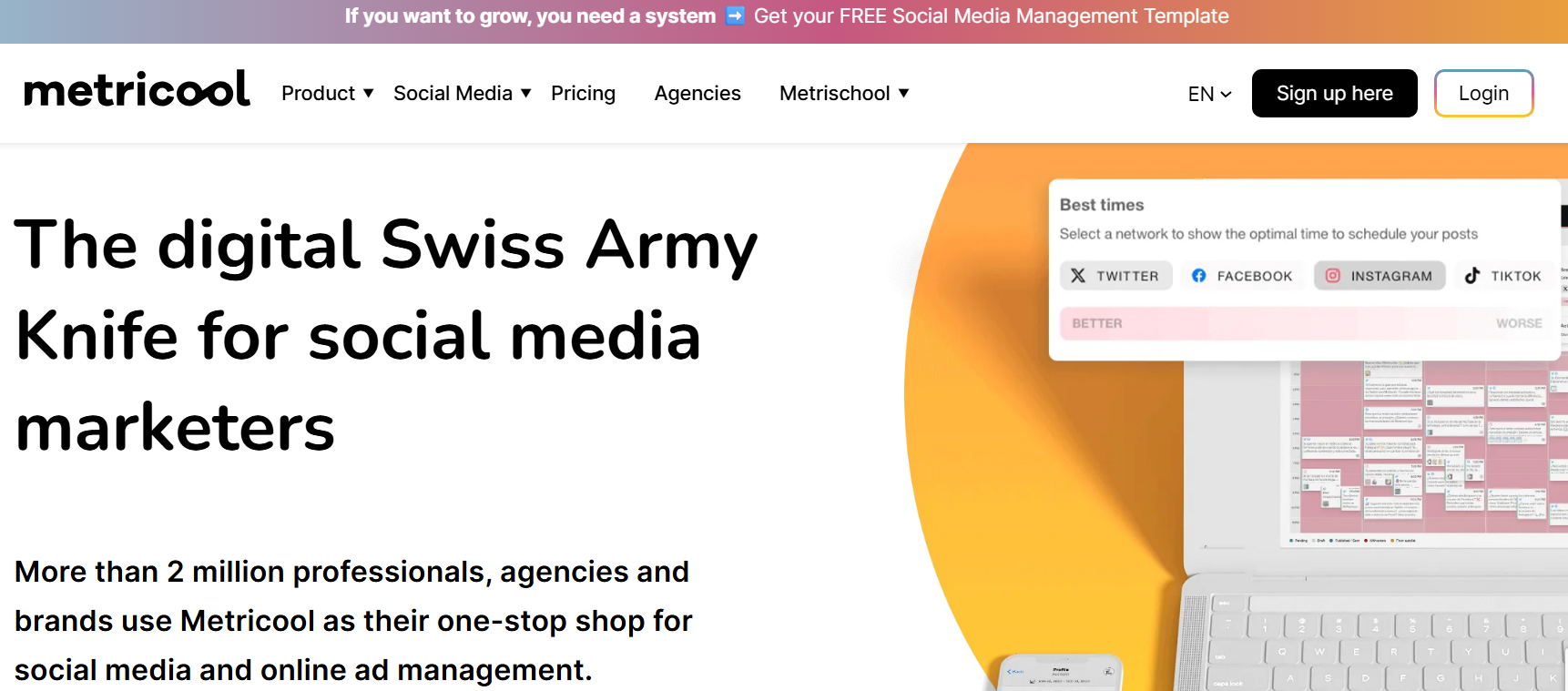 Metricool homepage showing social media analytics and scheduling dashboard