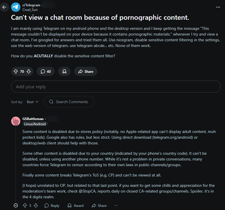 Reddit post discussing Telegram's sensitive content filter and issues viewing adult or restricted chat rooms.