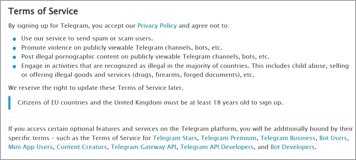 Telegram Terms of Service outlining prohibited actions like spam, violence, illegal porn, and illegal goods.