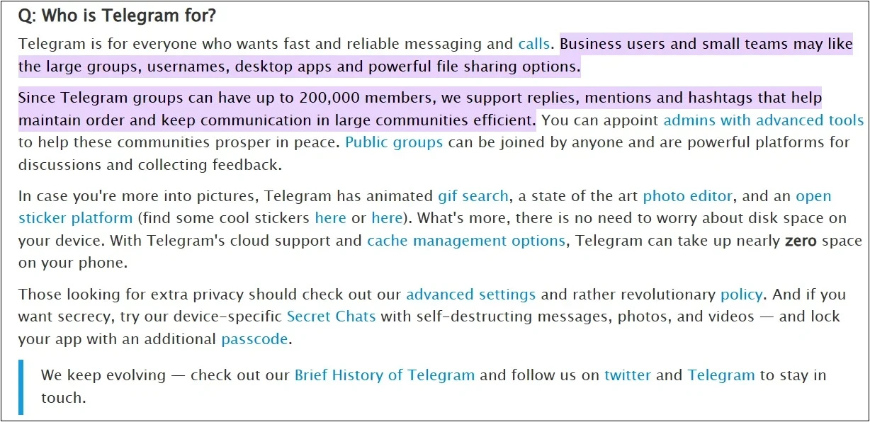 Telegram FAQ explaining who it's for, highlighting group features, file sharing, and communication tools.