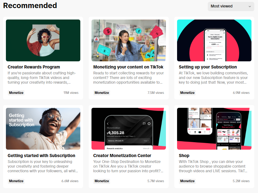 TikTok Creator Academy homepage with tutorials and tips to help creators learn and grow on TikTok.