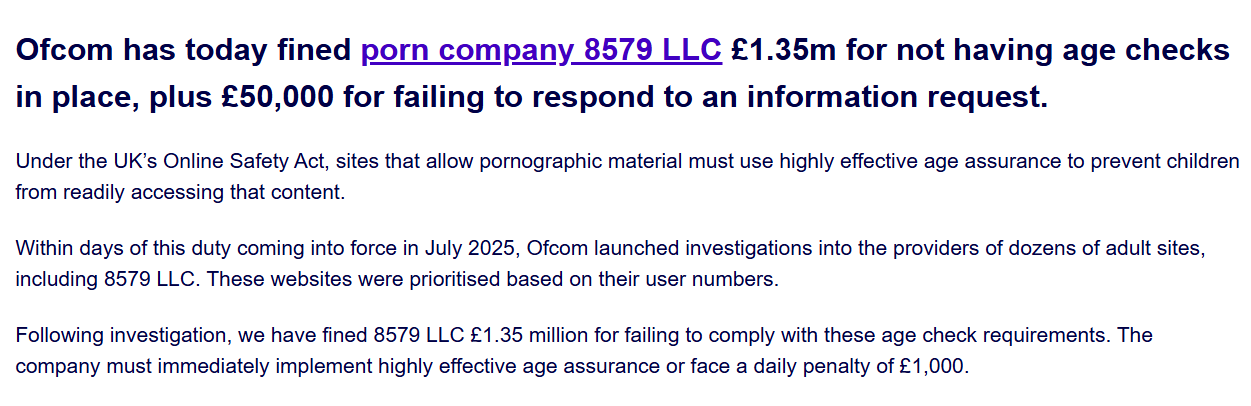 News on Ofcom fined porn company for not having age checks in place