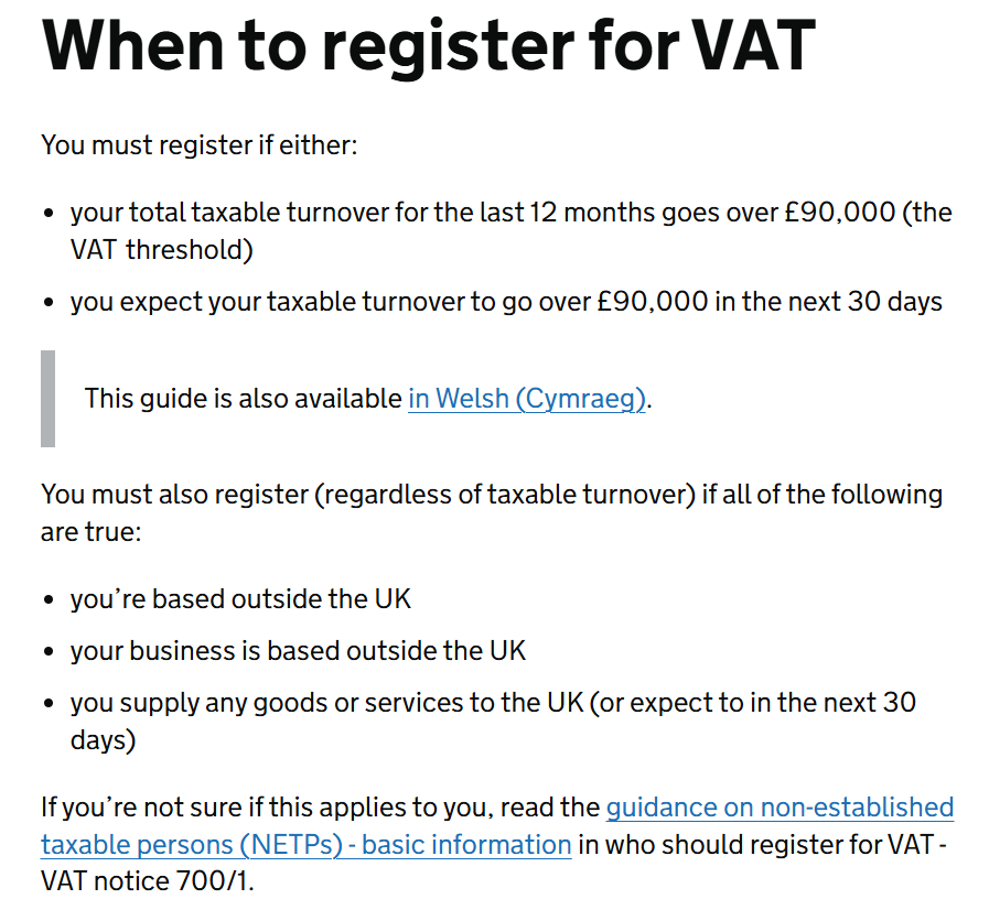 UK Government Portal on VAT Registrations