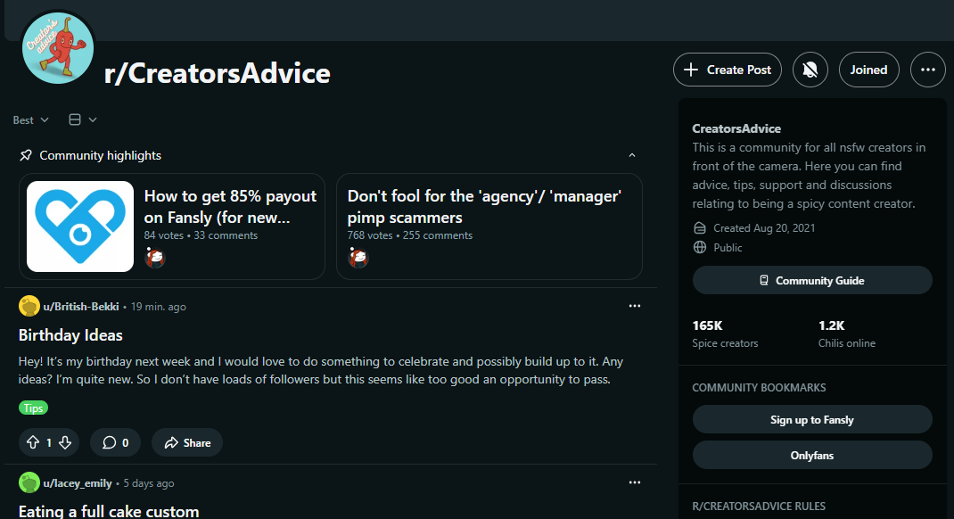 Subreddit r/CreatorsAdvice: NSFW community discussing creator pain points