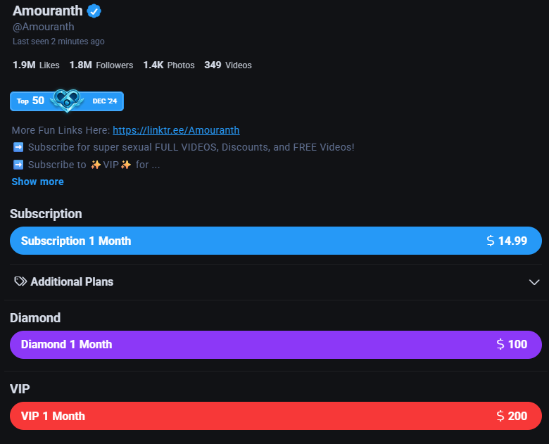 Amouranth's Fansly Profile Displaying Multiple Subscriber Tiers 