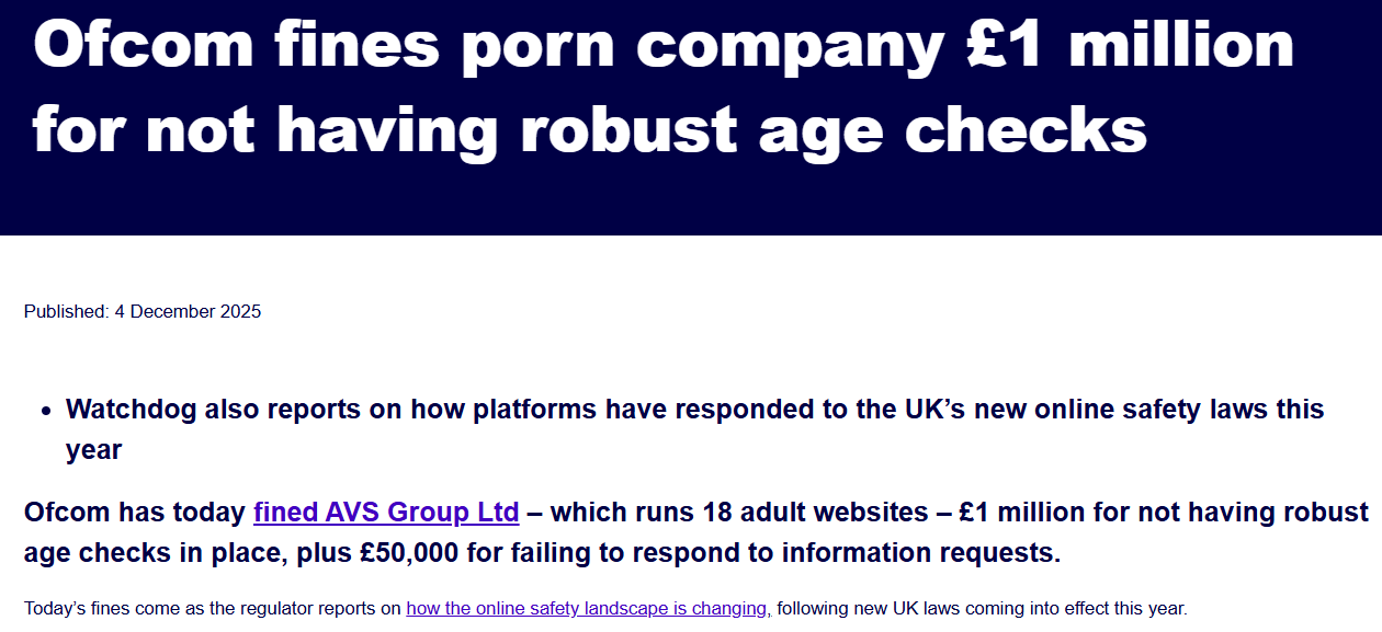 Ofcom fines porn company £1M over weak age checks and £50K for regulatory reporting failures