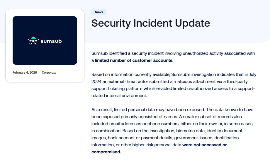 Sumsub Breach Incident on Unauthorized Activities with Customer Accounts