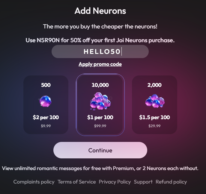JOI AI Neurons Pricing Dashboard Displaying Credit Packages