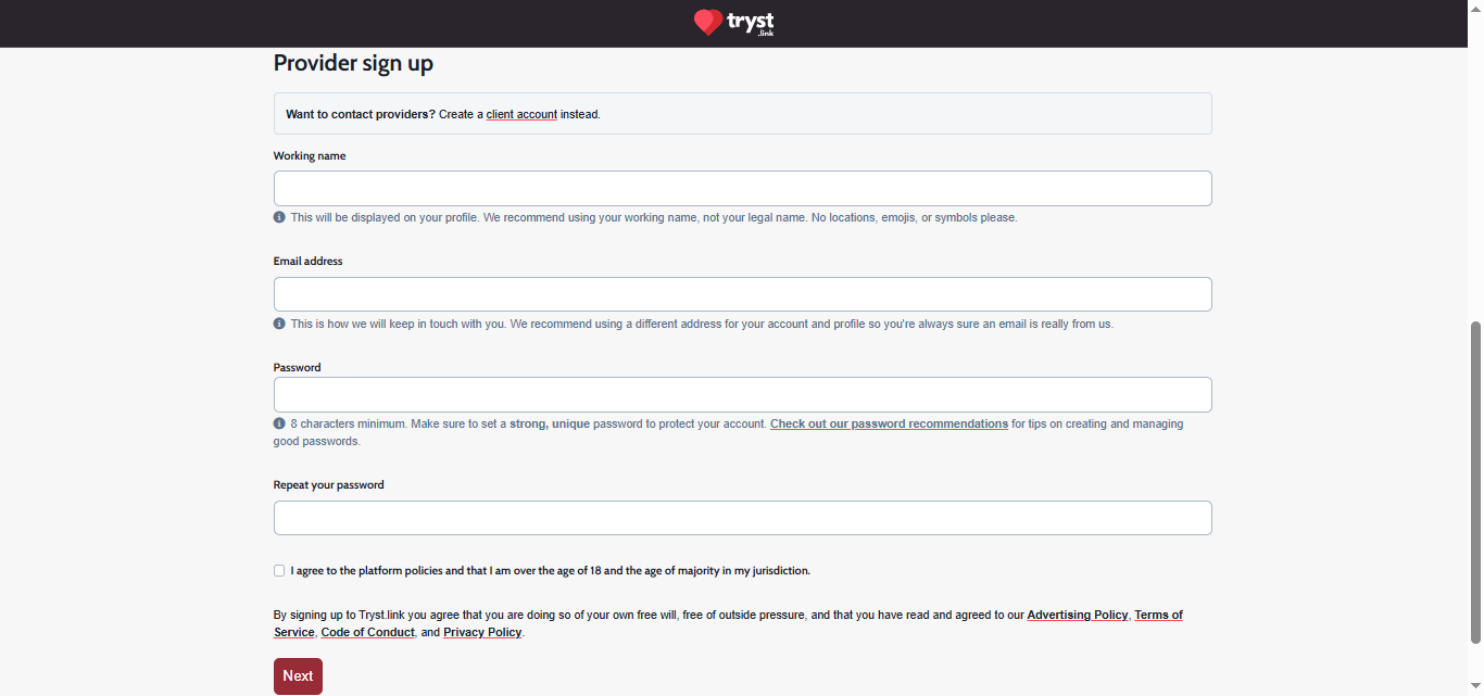 Sample Form for Escorts to Sign Up on an Escort Directory Website