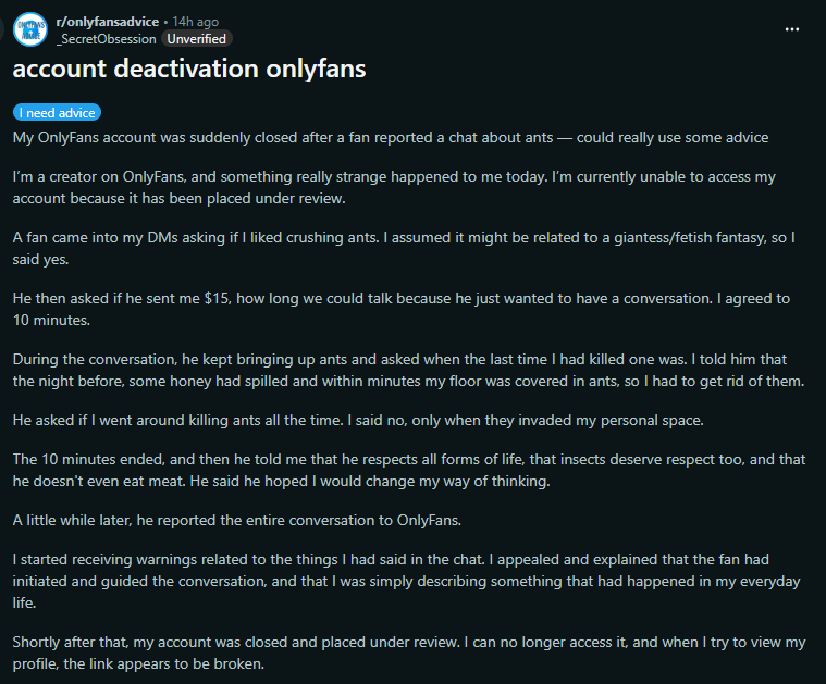 OnlyFans Creator Discusses Unfair Account Deactivation on Reddit